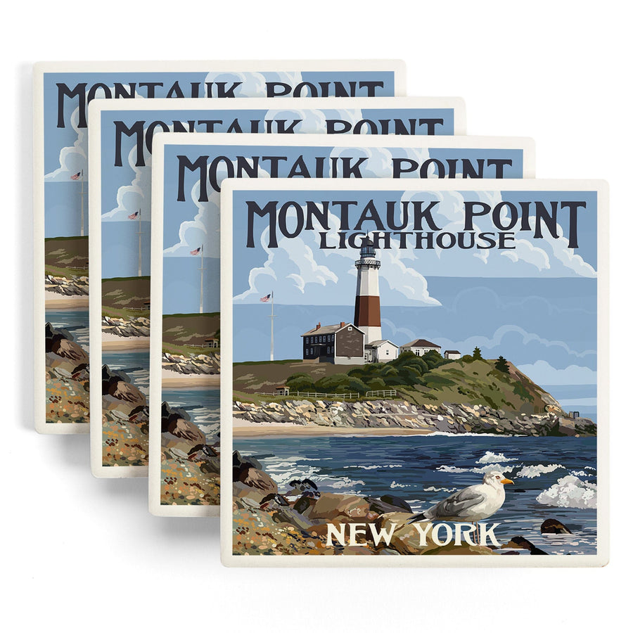 Montauk Point Lighthouse, New York, Lantern Press Artwork, Coaster Set Coasters Lantern Press 