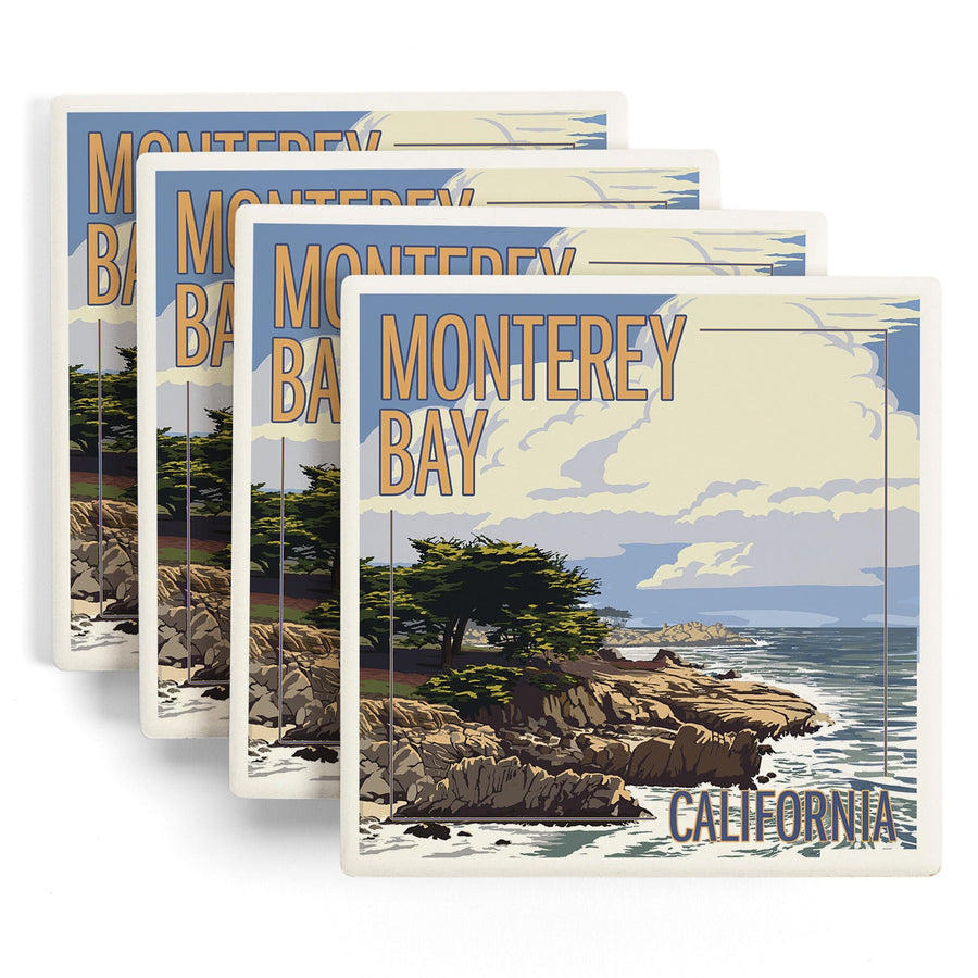 Monterey Bay, California, Cypress Tree, Lantern Press Artwork, Coaster Set Coasters Lantern Press 