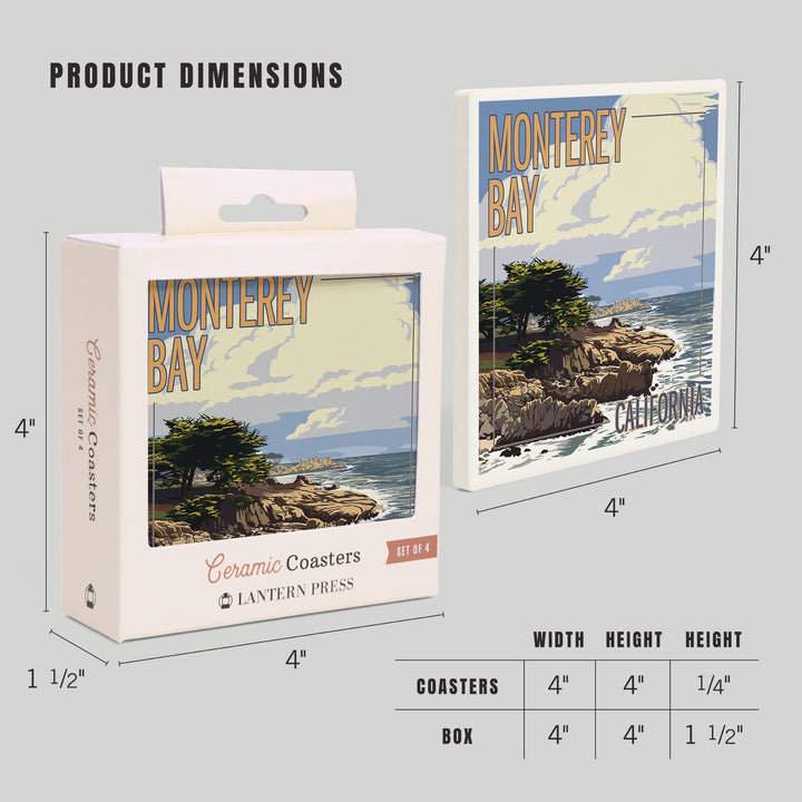 Monterey Bay, California, Cypress Tree, Lantern Press Artwork, Coaster Set Coasters Lantern Press 