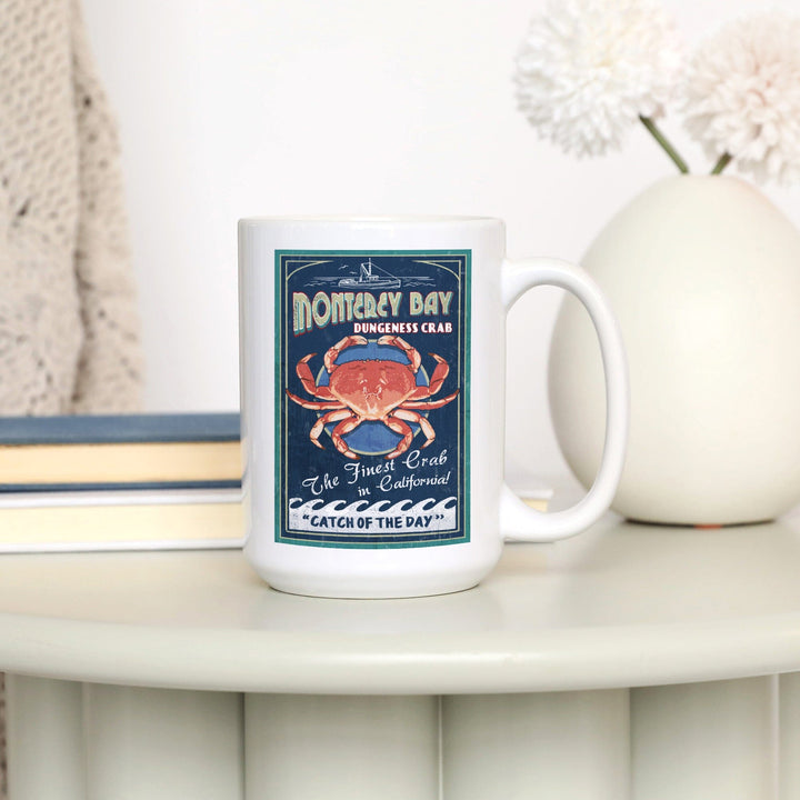 Monterey Bay, California, Dungeness Crab, Vintage Sign, Lantern Press Artwork, Ceramic Mug Mugs Lantern Press 