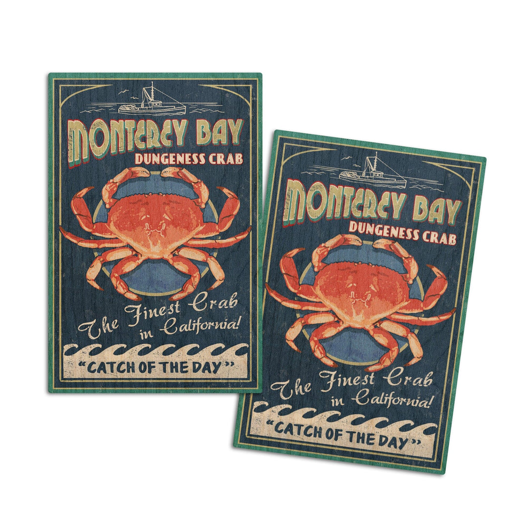 Monterey Bay, California, Dungeness Crab, Vintage Sign, Lantern Press Artwork, Wood Signs and Postcards Wood Lantern Press 4x6 Wood Postcard Set 