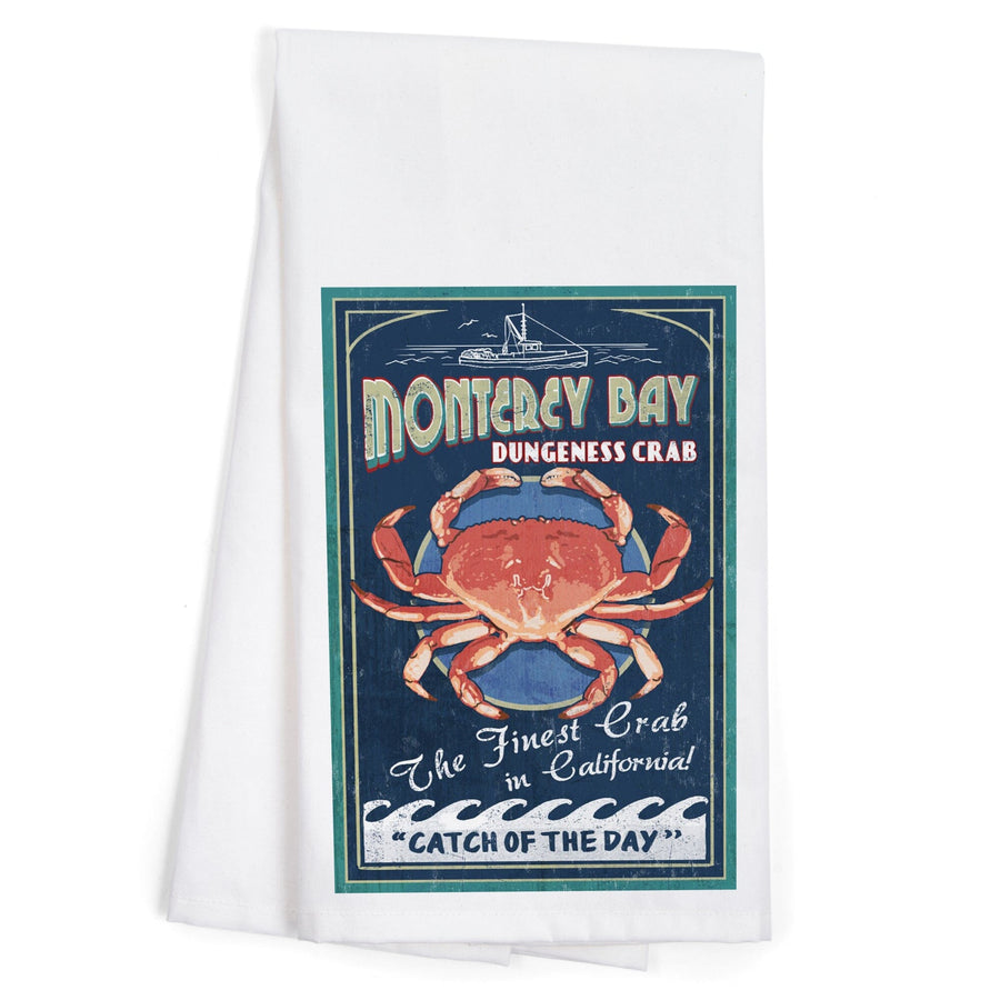 Monterey Bay, California, Dungeness Crab, Vintage Sign, Organic Cotton Kitchen Tea Towels Kitchen Lantern Press 