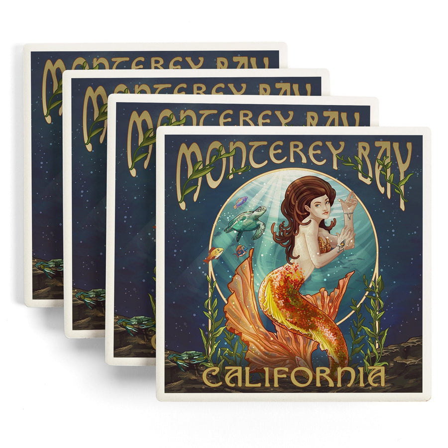 Monterey Bay, California, Mermaid, Lantern Press Artwork, Coaster Set Coasters Lantern Press 