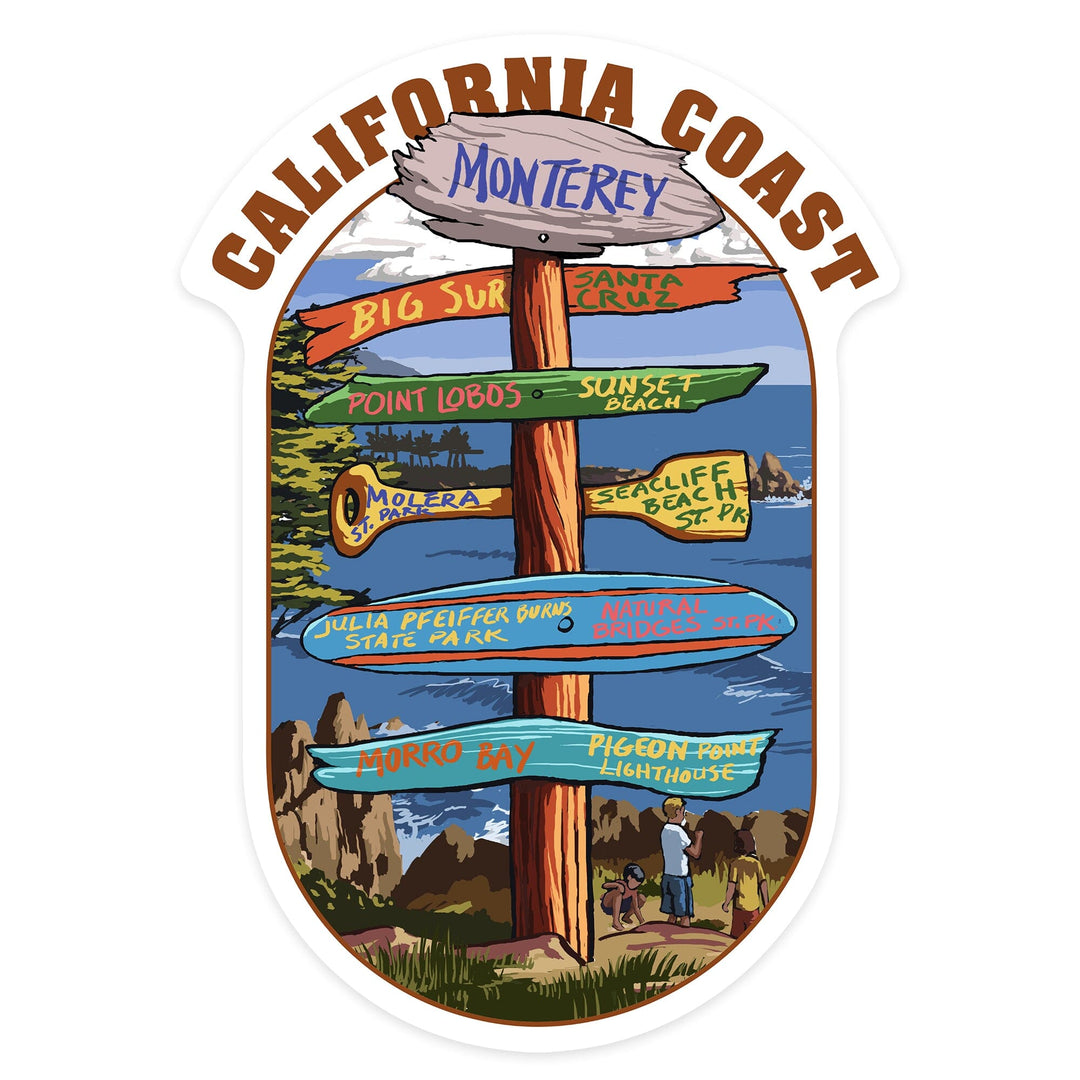 Monterey, California, Destination Signpost, Contour, Lantern Press Artwork, Vinyl Sticker Sticker Lantern Press 