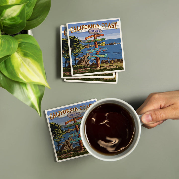 Monterey, California, Destinations Sign, Lantern Press Artwork, Coaster Set Coasters Lantern Press 