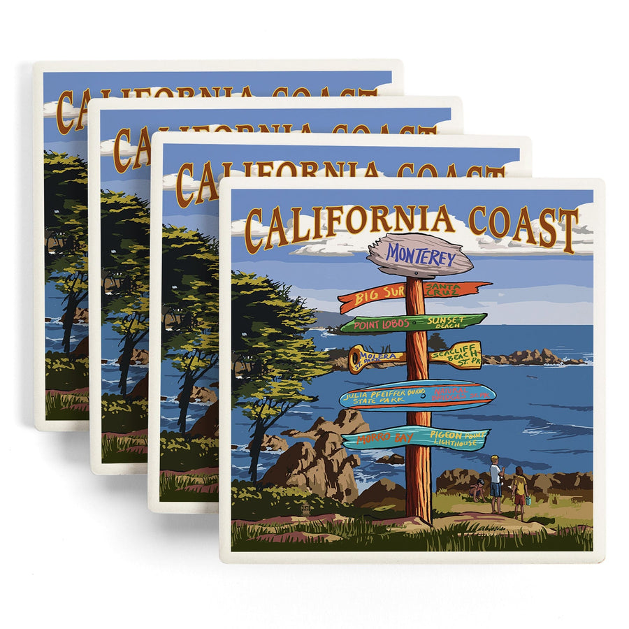 Monterey, California, Destinations Sign, Lantern Press Artwork, Coaster Set Coasters Lantern Press 