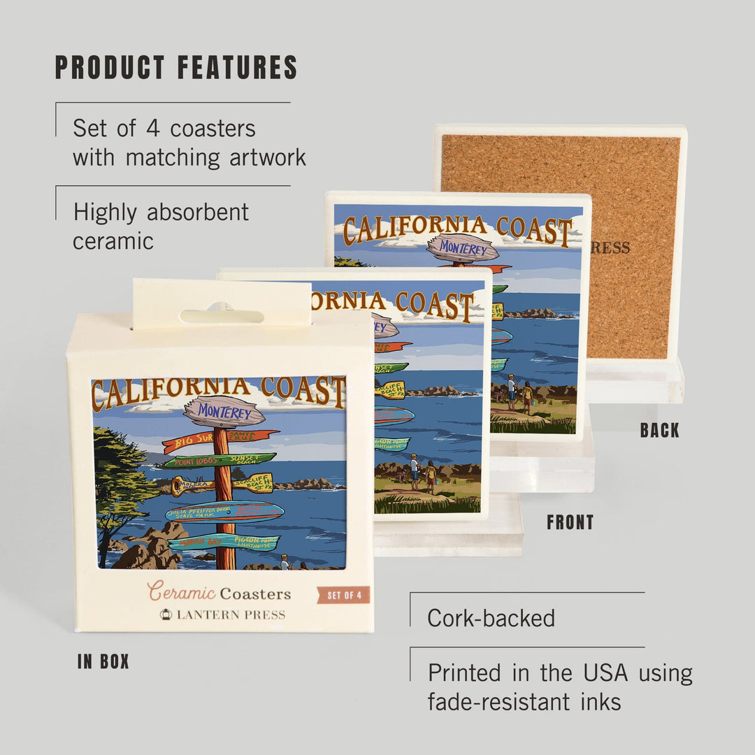 Monterey, California, Destinations Sign, Lantern Press Artwork, Coaster Set Coasters Lantern Press 