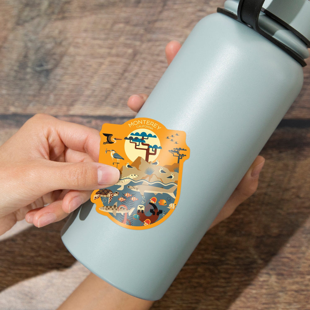 Monterey California, Marine Animals, Geometric, Contour, Vinyl Sticker Sticker Lantern Press 