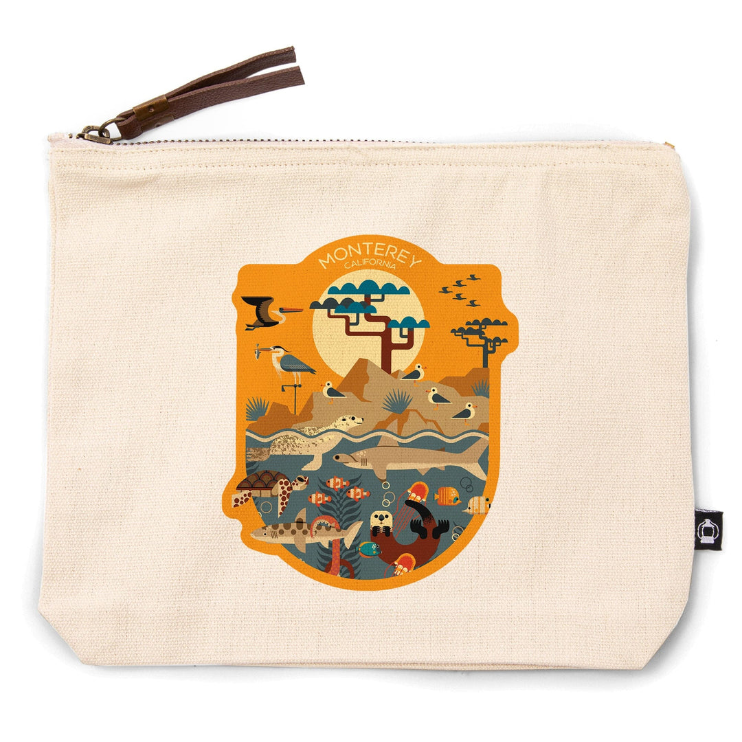 Monterey California, Marine Animals, Geometric,, Organic Cotton Zipper Pouch, Go Bag Totes Lantern Press 