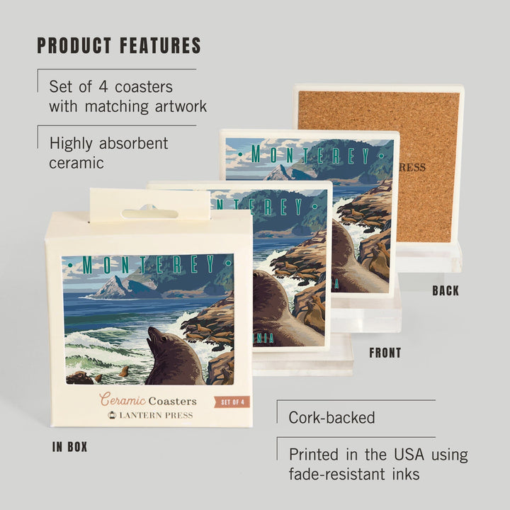Monterey, California, Sea Lions on Coast, Coasters Coasters Lantern Press 