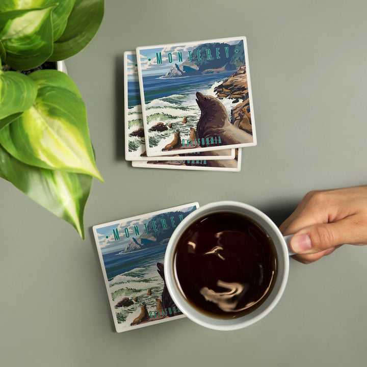 Monterey, California, Sea Lions on Coast, Coasters Coasters Lantern Press 