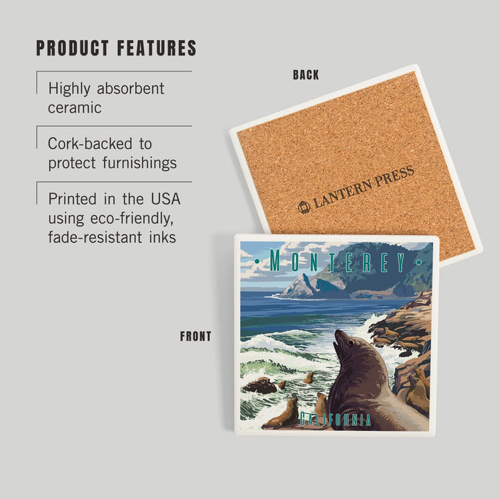 Monterey, California, Sea Lions on Coast, Coasters Coasters Lantern Press 