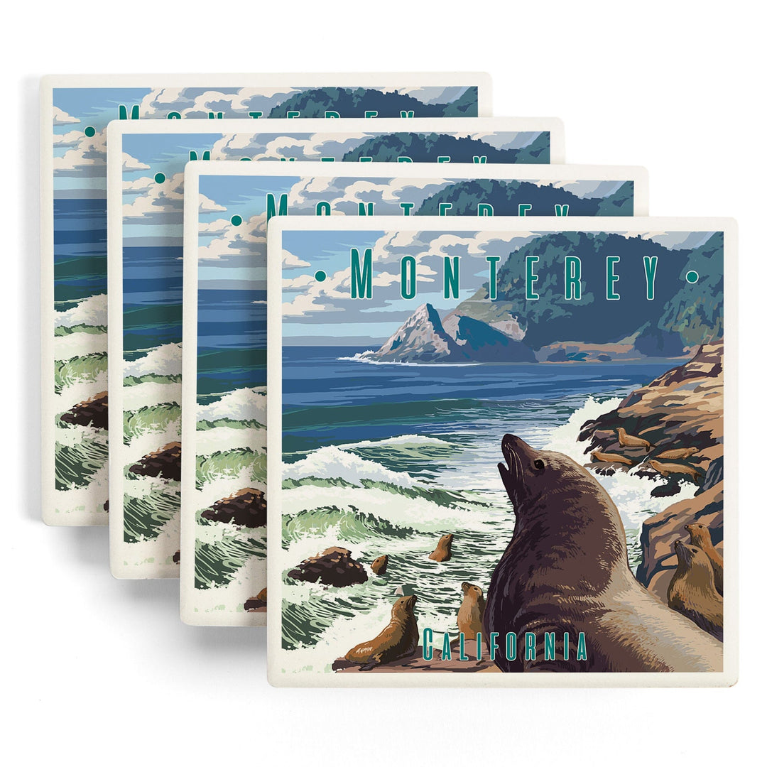 Monterey, California, Sea Lions on Coast, Coasters Coasters Lantern Press 