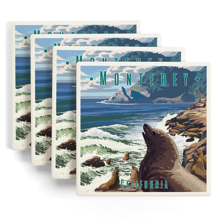 Monterey, California, Sea Lions on Coast, Coasters Coasters Lantern Press 