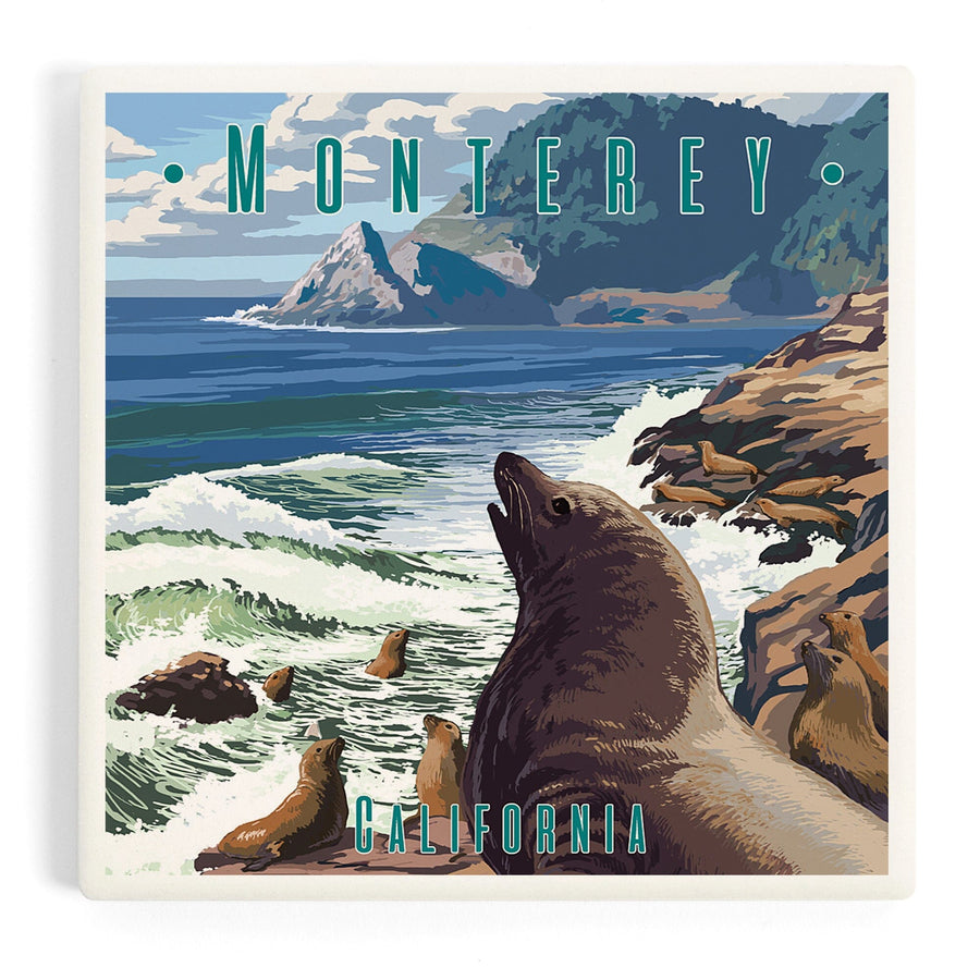Monterey, California, Sea Lions on Coast, Coasters Coasters Lantern Press 