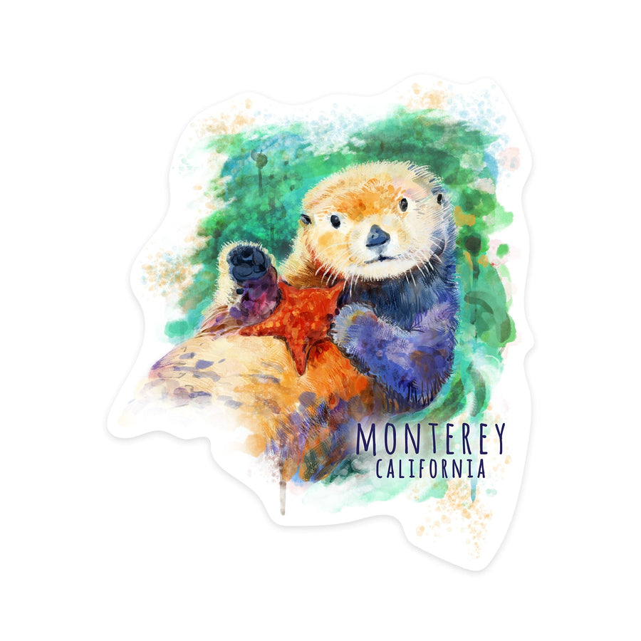 Monterey, California, Sea Otter, Watercolor, Contour, Vinyl Sticker Sticker Lantern Press 