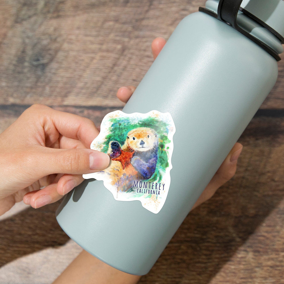 Monterey, California, Sea Otter, Watercolor, Contour, Vinyl Sticker Sticker Lantern Press 