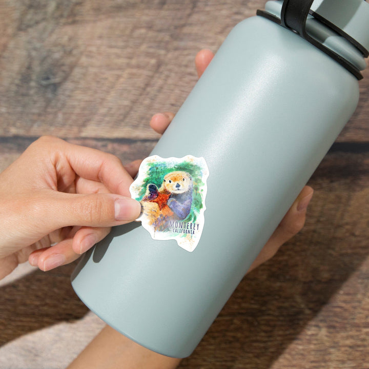 Monterey, California, Sea Otter, Watercolor, Contour, Vinyl Sticker Sticker Lantern Press 