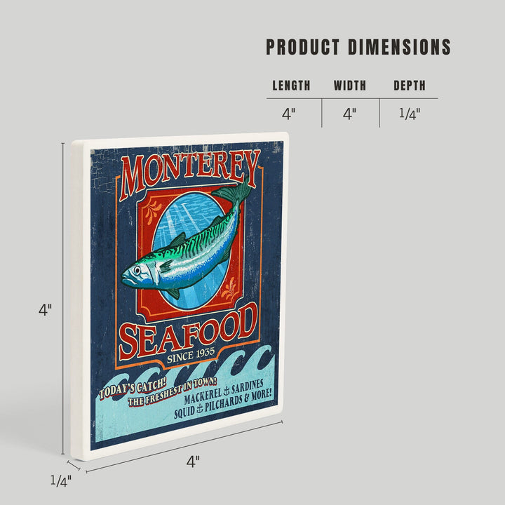 Monterey, California, Seafood Vintage Sign, Coasters Coasters Lantern Press 