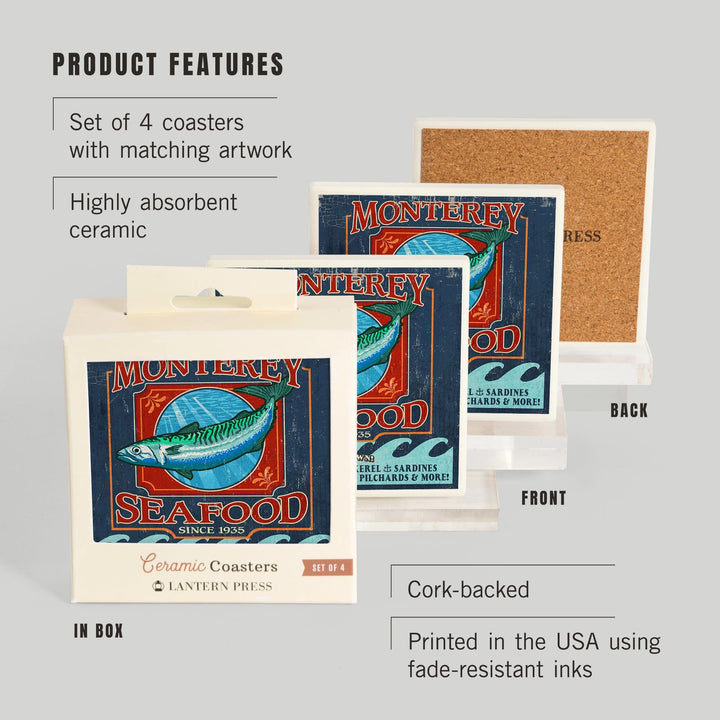 Monterey, California, Seafood Vintage Sign, Coasters Coasters Lantern Press 