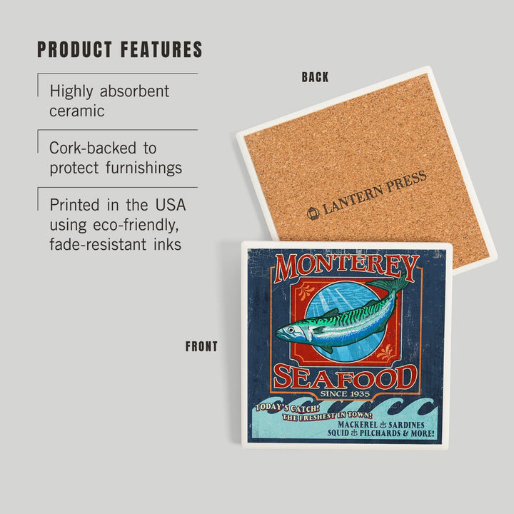 Monterey, California, Seafood Vintage Sign, Coasters Coasters Lantern Press 