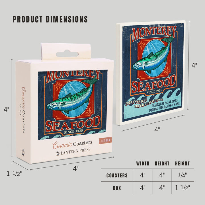Monterey, California, Seafood Vintage Sign, Coasters Coasters Lantern Press 