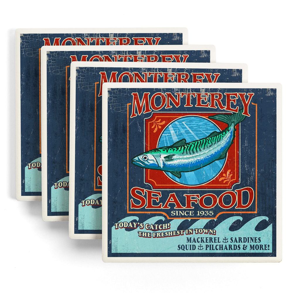 Monterey, California, Seafood Vintage Sign, Coasters Coasters Lantern Press 