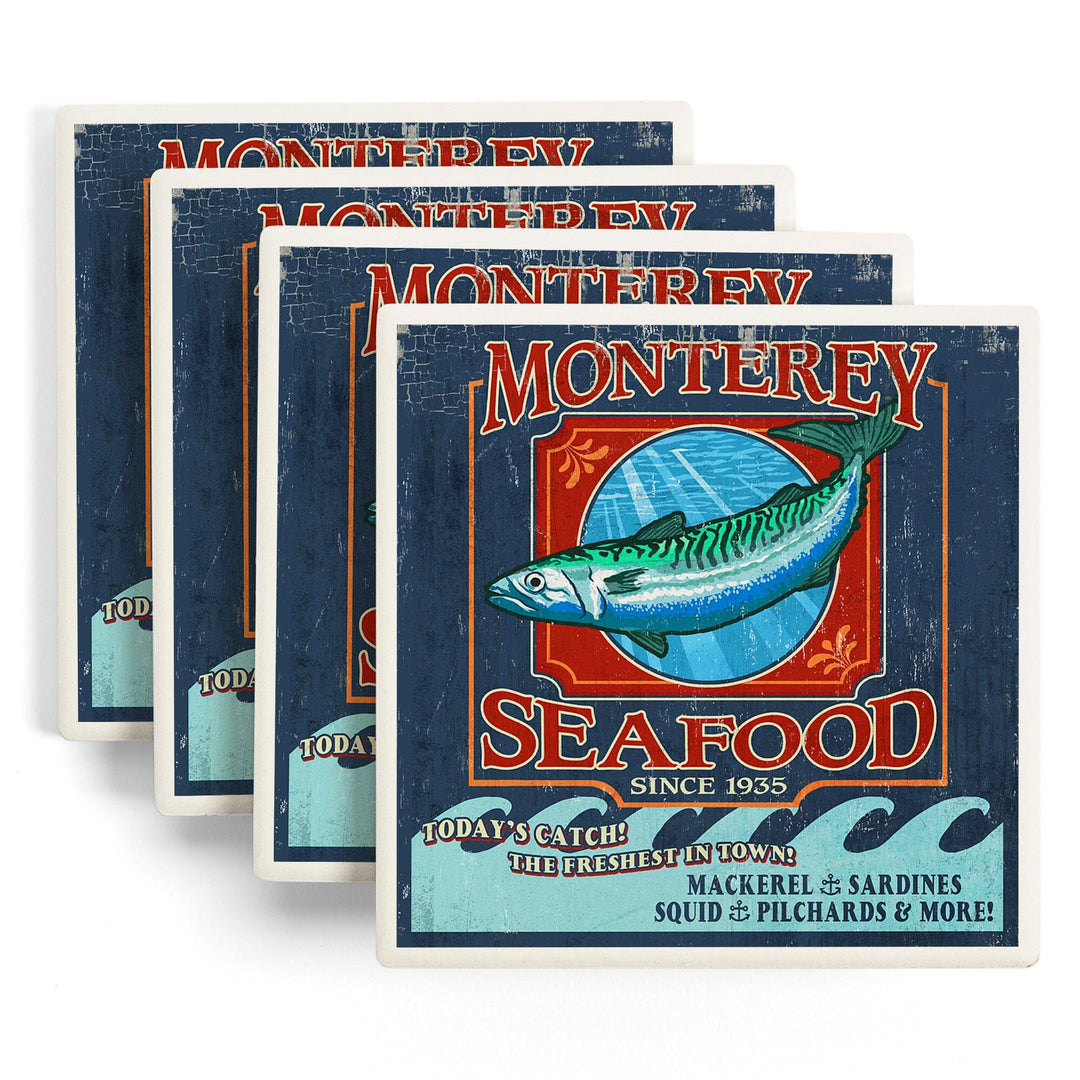 Monterey, California, Seafood Vintage Sign, Coasters Coasters Lantern Press 