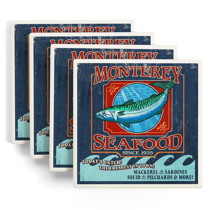 Monterey, California, Seafood Vintage Sign, Coasters Coasters Lantern Press 