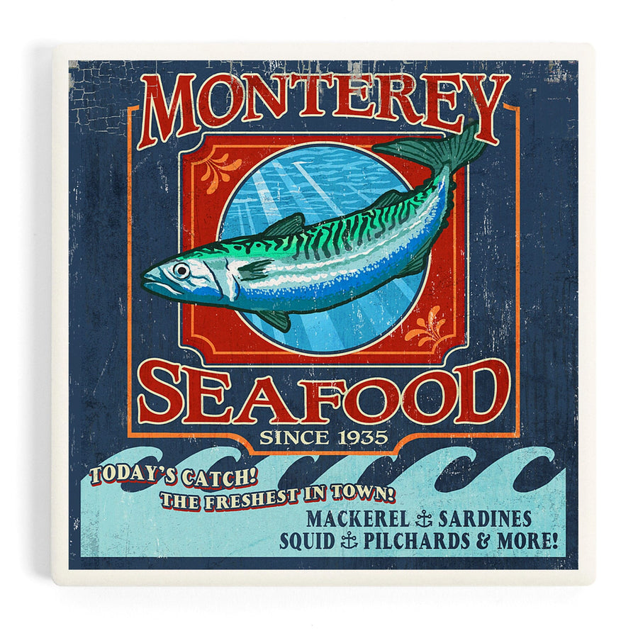 Monterey, California, Seafood Vintage Sign, Coasters Coasters Lantern Press 