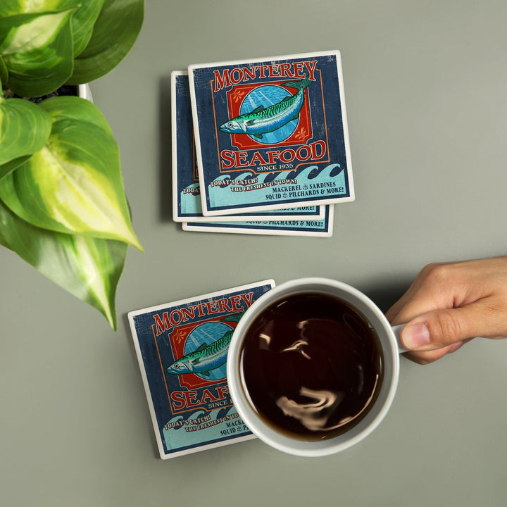 Monterey, California, Seafood Vintage Sign, Coasters Coasters Lantern Press 