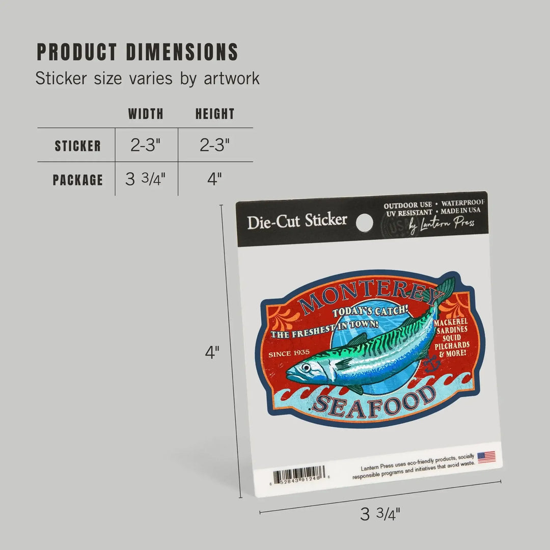 Monterey, California, Seafood, Vintage Sign, Contour, Lantern Press Artwork, Vinyl Sticker Sticker Lantern Press 
