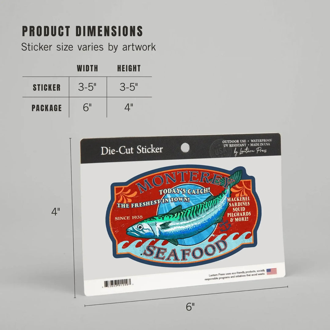 Monterey, California, Seafood, Vintage Sign, Contour, Lantern Press Artwork, Vinyl Sticker Sticker Lantern Press 