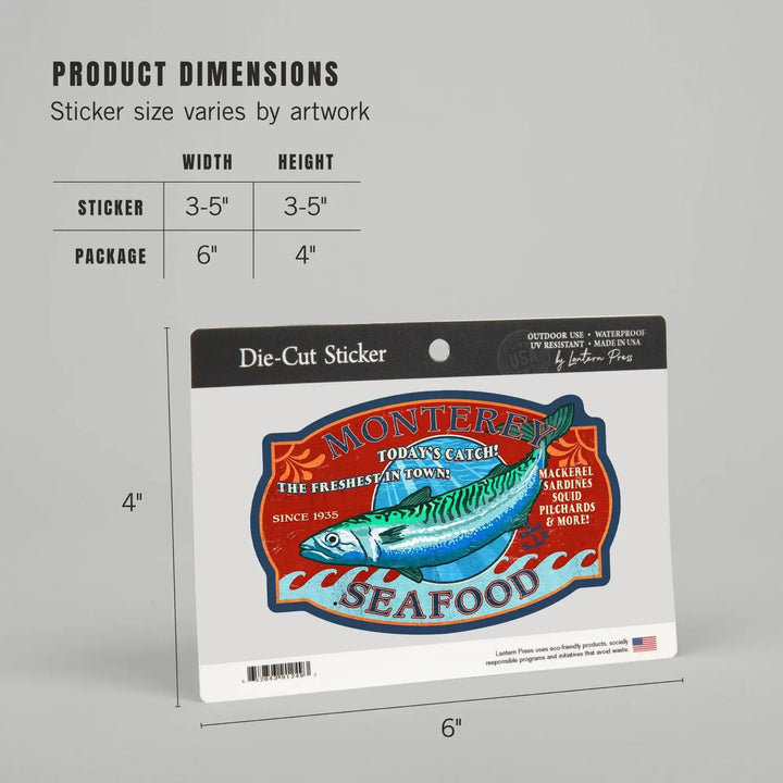Monterey, California, Seafood, Vintage Sign, Contour, Lantern Press Artwork, Vinyl Sticker Sticker Lantern Press 