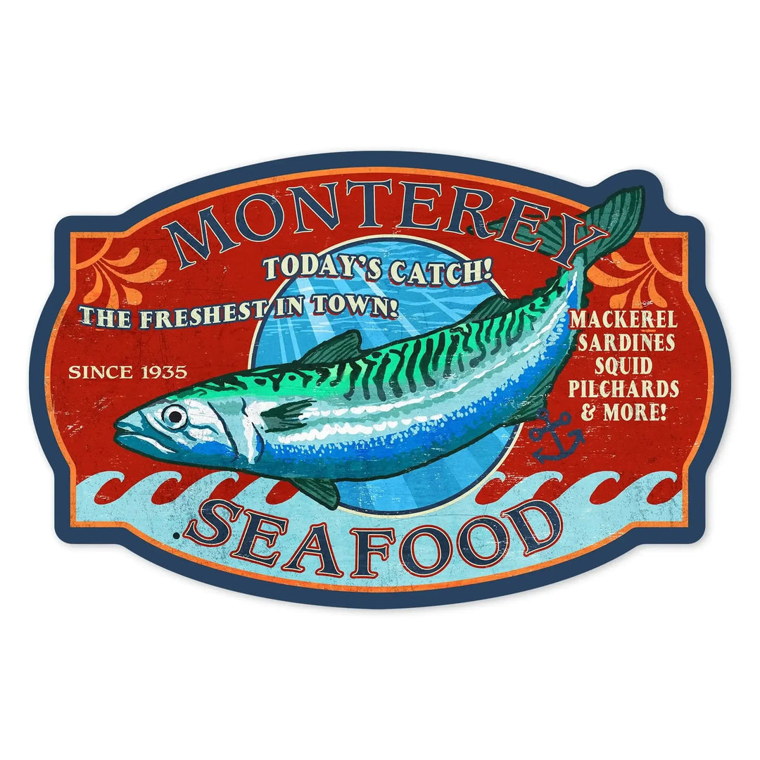 Monterey, California, Seafood, Vintage Sign, Contour, Lantern Press Artwork, Vinyl Sticker Sticker Lantern Press 