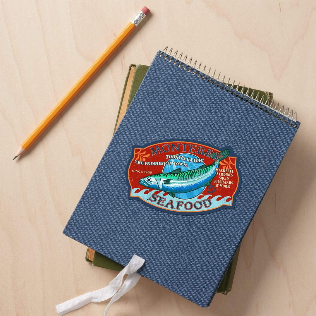 Monterey, California, Seafood, Vintage Sign, Contour, Lantern Press Artwork, Vinyl Sticker Sticker Lantern Press 