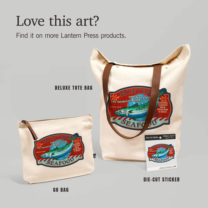 Monterey, California, Seafood, Vintage Sign, Contour, Lantern Press Artwork, Vinyl Sticker Sticker Lantern Press 