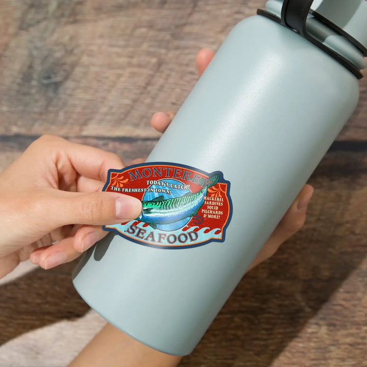 Monterey, California, Seafood, Vintage Sign, Contour, Lantern Press Artwork, Vinyl Sticker Sticker Lantern Press 