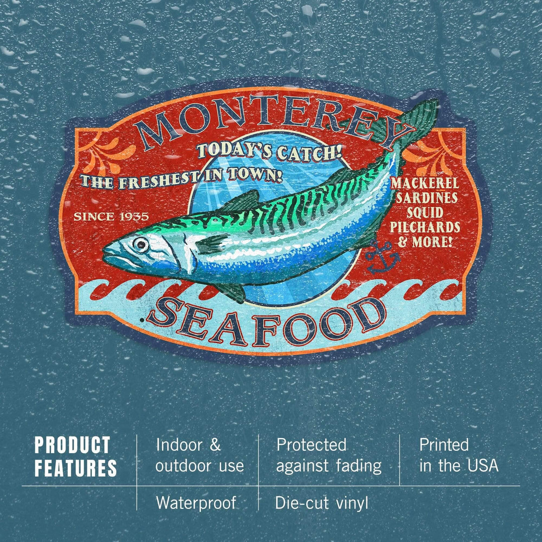 Monterey, California, Seafood, Vintage Sign, Contour, Lantern Press Artwork, Vinyl Sticker Sticker Lantern Press 