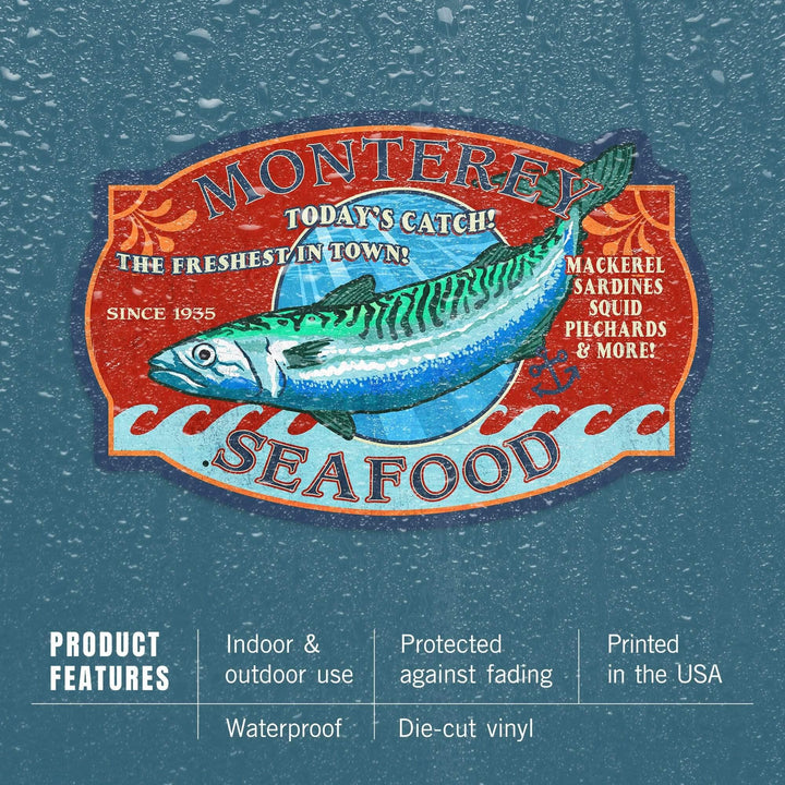 Monterey, California, Seafood, Vintage Sign, Contour, Lantern Press Artwork, Vinyl Sticker Sticker Lantern Press 