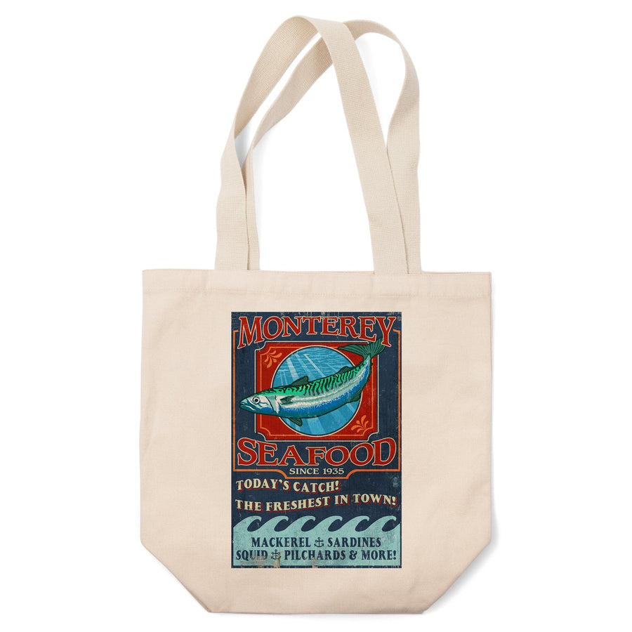 Monterey, California, Seafood Vintage Sign, Lantern Press Artwork, Tote Bag Totes Lantern Press 