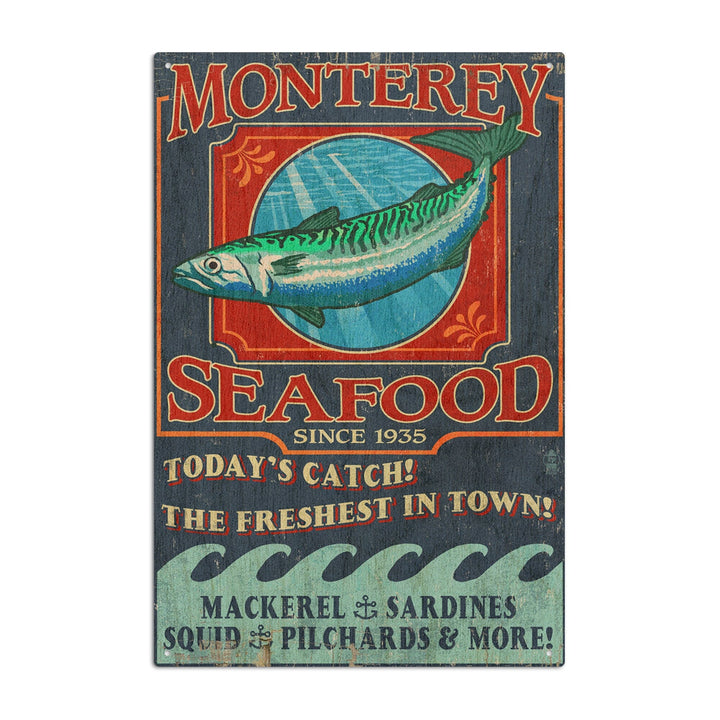 Monterey, California, Seafood Vintage Sign, Lantern Press Artwork, Wood Signs and Postcards Wood Lantern Press 10 x 15 Wood Sign 