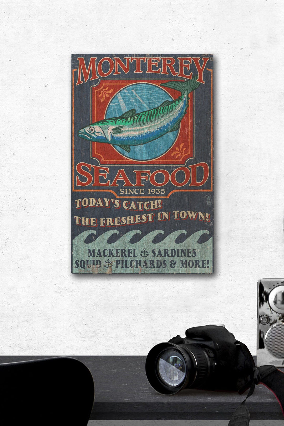 Monterey, California, Seafood Vintage Sign, Lantern Press Artwork, Wood Signs and Postcards Wood Lantern Press 12 x 18 Wood Gallery Print 