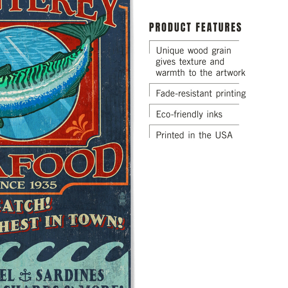 Monterey, California, Seafood Vintage Sign, Lantern Press Artwork, Wood Signs and Postcards Wood Lantern Press 