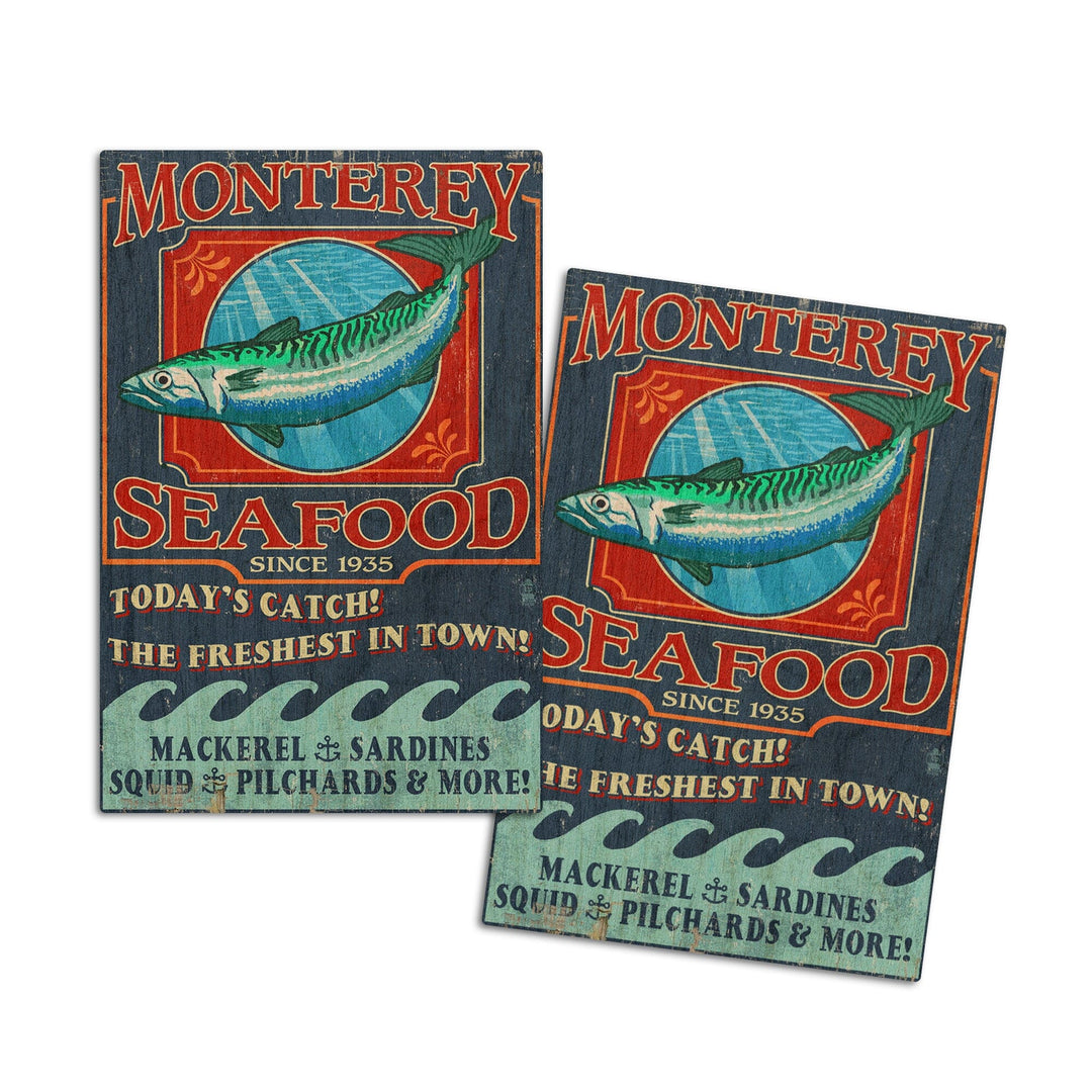 Monterey, California, Seafood Vintage Sign, Lantern Press Artwork, Wood Signs and Postcards Wood Lantern Press 4x6 Wood Postcard Set 