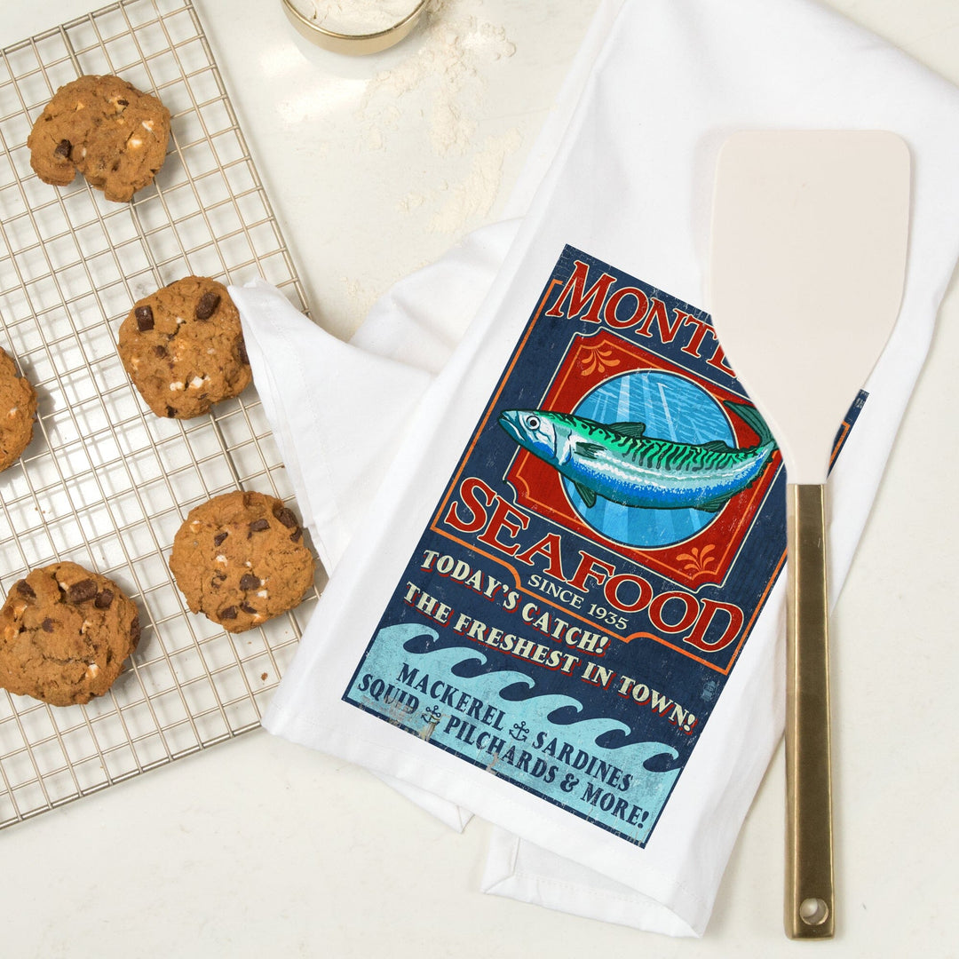 Monterey, California, Seafood Vintage Sign, Organic Cotton Kitchen Tea Towels Kitchen Lantern Press 
