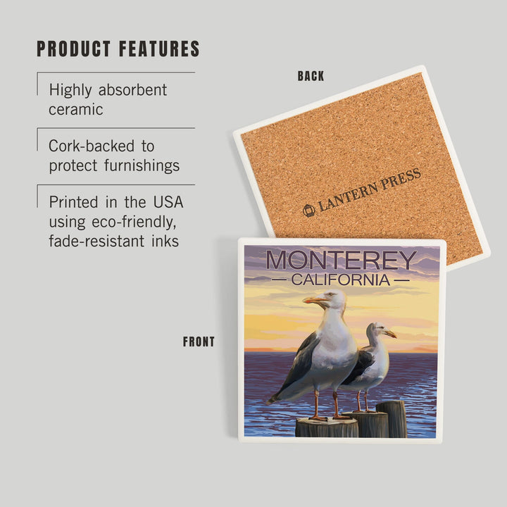 Monterey, California, Seagulls on Pier, Coasters Coasters Lantern Press 