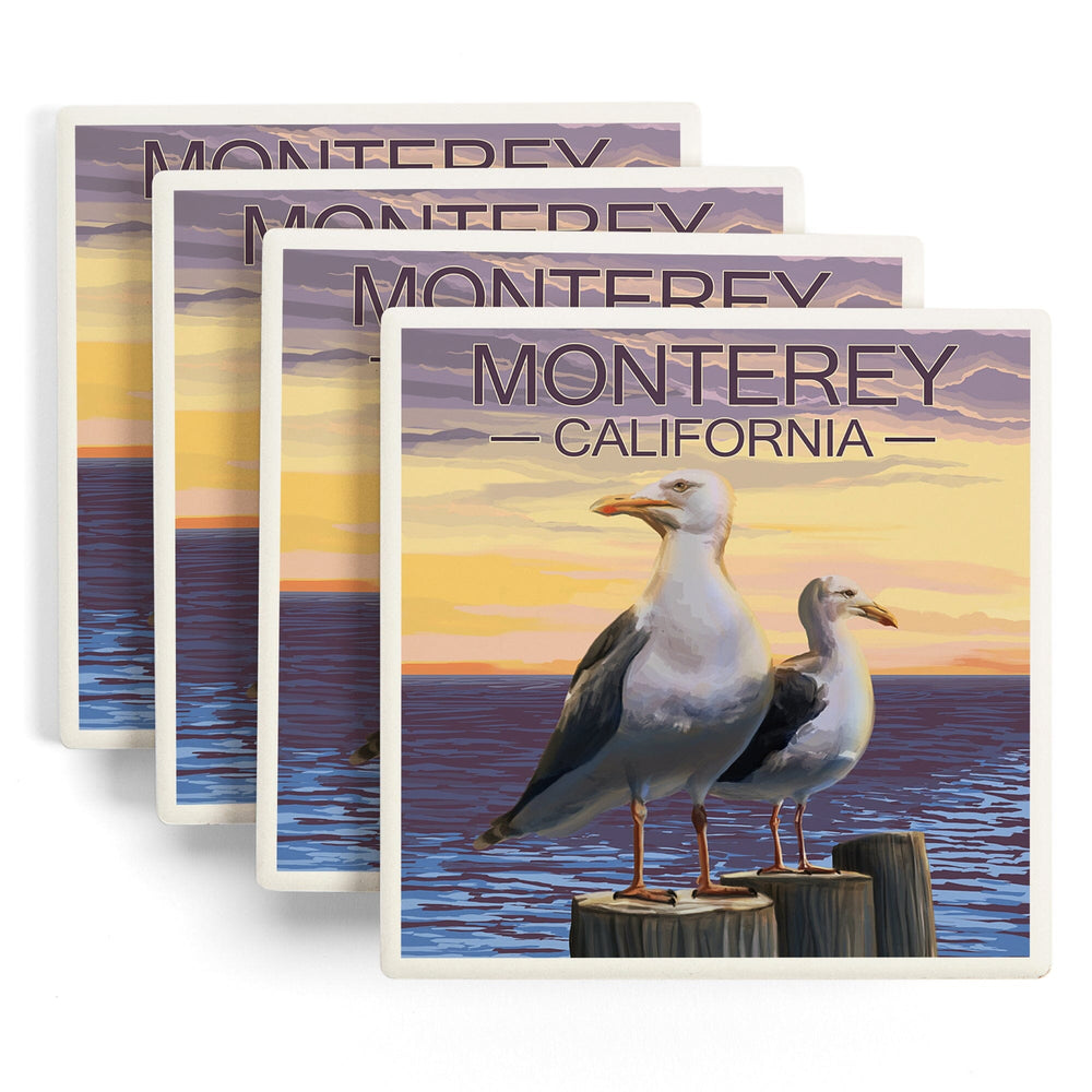 Monterey, California, Seagulls on Pier, Coasters Coasters Lantern Press 