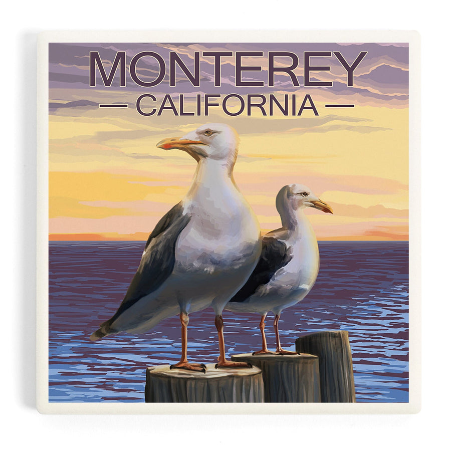 Monterey, California, Seagulls on Pier, Coasters Coasters Lantern Press 