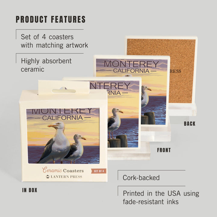 Monterey, California, Seagulls on Pier, Coasters Coasters Lantern Press 